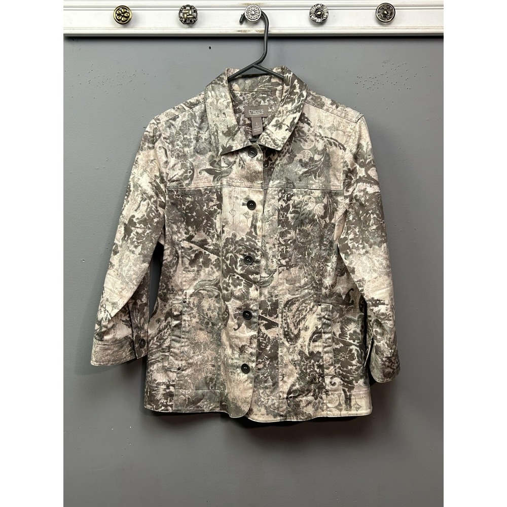 Chico's Jacket Womens 1 Gray‎ Beige Floral Print Button Front Pockets Casual